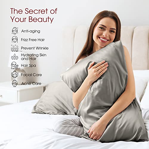 WLOSJ 100% Silk Pillowcase for Hair and Skin 2 Pack Standard Size 19 Momme Mulberry Silk Pillow Case 600 Thread Count Soft Breathable Cooling with Hidden Zipper Set of 2, Grey