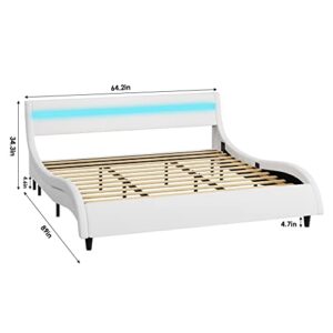 Keyluv Modern Upholstered Platform Bed Frame with LED Lights Headboard, Faux Leather Wave-Like Platform Bed Frame,Strong Wood Slats Support, Easy Assembly, Queen, White