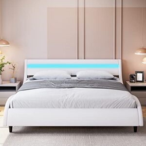 Keyluv Modern Upholstered Platform Bed Frame with LED Lights Headboard, Faux Leather Wave-Like Platform Bed Frame,Strong Wood Slats Support, Easy Assembly, Queen, White