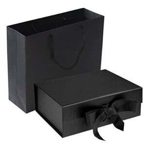black luxury magnetic gift box with lid, ribbons and gift bag, medium size-9.4x7x3 inches, great for business, christmas, new year, wedding, birthdays, groomsman, husband, presents display and packging