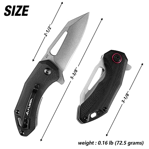 FLISSA Mini Pocket Knife, Folding EDC Knife, 2.5 inch D2 Blade, G10 Handle, for Outdoors, Hiking, Camping, Black