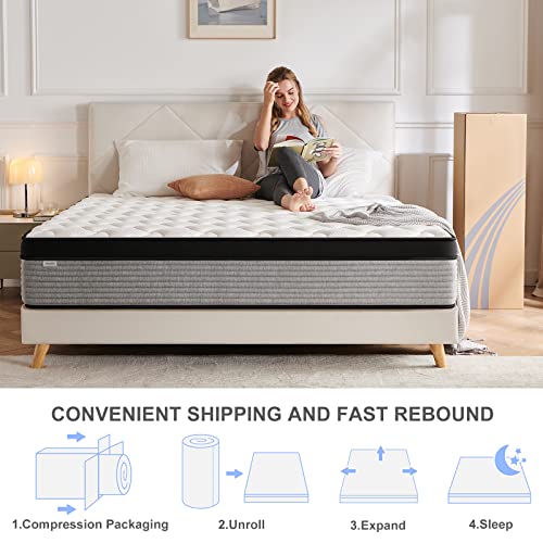 JINGWEI King Mattress, 12 Inch Innerspring Hybrid Mattress in a Box, Individually Pocket Coils for Motion Isolation & Cool Sleep, King Bed for Back Pain, Medium Firm, King Size Mattress