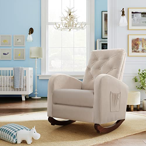 Rocking Chair Nursery, Indoor Lounge Chair, Comfortable Accent Chair, Nursery Glider Recliner,Modern Rocker Glider Chair with High Back Cushion, Pocketfor for Baby Kids Living Room (Beige)