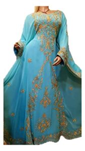 kaftans for women new moroccan dubai kaftans farasha abaya dress very fancy long gown caftan by zari works (small, turquoise)