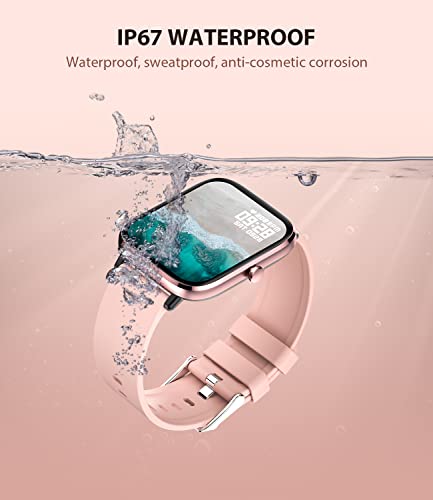SOUYIE 2023 Smart Watch with Bluetooth Call for Women, IP67 Waterproof Fitness Tracker with 1.7" HD Display Blood Pressure HR Temperature Sleep Monitor for Android and iOS Phone Pink