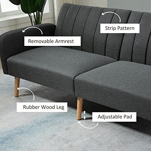 HOMCOM Two Seater Sofa Bed, Convertible Futon Couch Bed, Linen Upholstered Loveseat with Adjustable Backrest for Small Spaces, Living Room, Apartment, and Dorm, Dark Grey