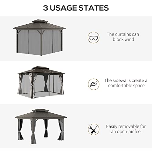 Outsunny 10' x 12' Hardtop Gazebo Canopy with Galvanized Steel Double Roof, Aluminum Frame, Permanent Pavilion Outdoor Gazebo with Netting and Curtains for Patio, Garden, Backyard, Gray