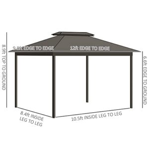 Outsunny 10' x 12' Hardtop Gazebo Canopy with Galvanized Steel Double Roof, Aluminum Frame, Permanent Pavilion Outdoor Gazebo with Netting and Curtains for Patio, Garden, Backyard, Gray