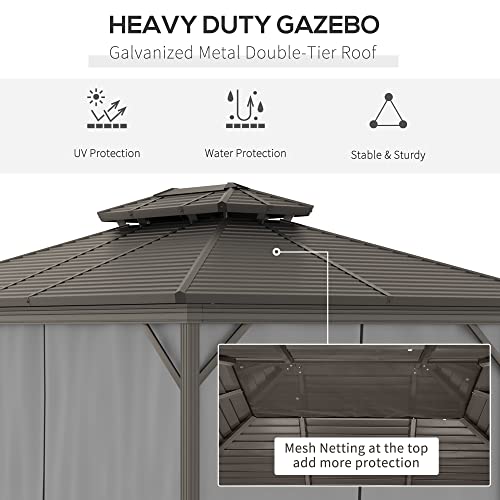 Outsunny 10' x 12' Hardtop Gazebo Canopy with Galvanized Steel Double Roof, Aluminum Frame, Permanent Pavilion Outdoor Gazebo with Netting and Curtains for Patio, Garden, Backyard, Gray