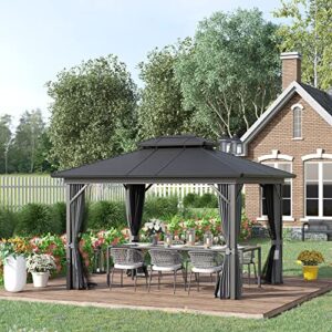 Outsunny 10' x 12' Hardtop Gazebo Canopy with Galvanized Steel Double Roof, Aluminum Frame, Permanent Pavilion Outdoor Gazebo with Netting and Curtains for Patio, Garden, Backyard, Gray