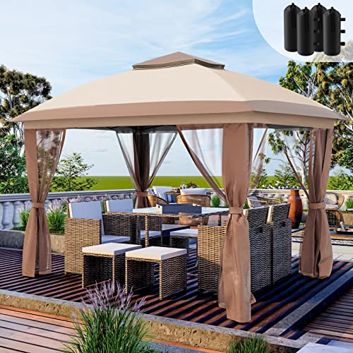 UDPATIO Pop Up Gazebo 11'x11' Patio Gazebo Tent Instant, Outdoor Gazebo with Mosquito Netting, Metal Frame Outdoor Canopies for Shade and Rain for Lawn, Garden, Backyard and Deck, Beige