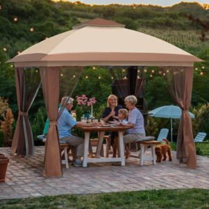 UDPATIO Pop Up Gazebo 11'x11' Patio Gazebo Tent Instant, Outdoor Gazebo with Mosquito Netting, Metal Frame Outdoor Canopies for Shade and Rain for Lawn, Garden, Backyard and Deck, Beige