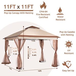 UDPATIO Pop Up Gazebo 11'x11' Patio Gazebo Tent Instant, Outdoor Gazebo with Mosquito Netting, Metal Frame Outdoor Canopies for Shade and Rain for Lawn, Garden, Backyard and Deck, Beige