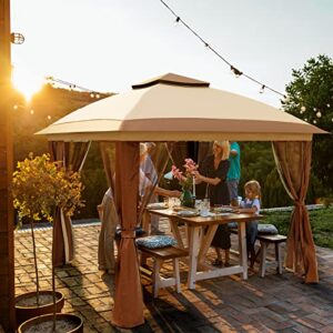 UDPATIO Pop Up Gazebo 11'x11' Patio Gazebo Tent Instant, Outdoor Gazebo with Mosquito Netting, Metal Frame Outdoor Canopies for Shade and Rain for Lawn, Garden, Backyard and Deck, Beige