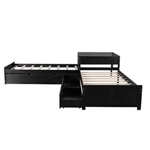 L Shaped Platform Bed with Trundle and Drawers Linked with Built-in Desk, Wooden Twin Bed Frame for 3 Kids Teens Adults, Espresso