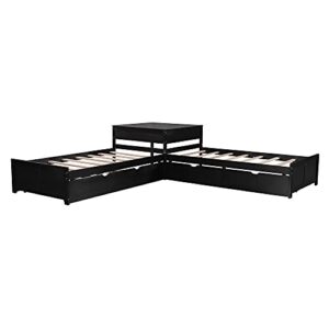 L Shaped Platform Bed with Trundle and Drawers Linked with Built-in Desk, Wooden Twin Bed Frame for 3 Kids Teens Adults, Espresso