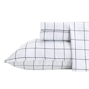 printed plaid bed sheet set 3 pieces - twin size - double brushed microfiber super soft breathable bedding sheets black grid