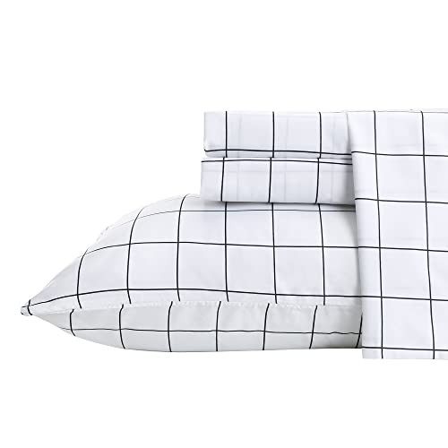 Printed Plaid Bed Sheet Set 3 Pieces - Twin Size - Double Brushed Microfiber Super Soft Breathable Bedding Sheets Black Grid