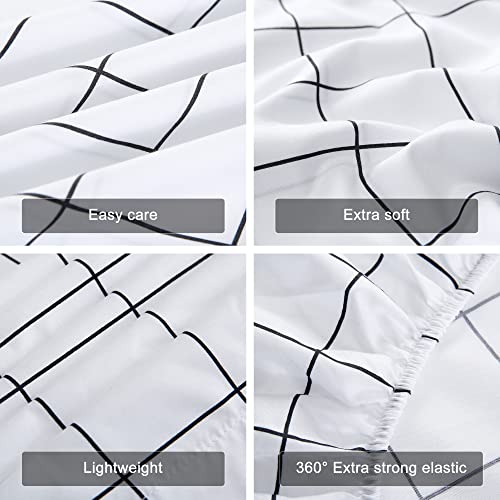 Printed Plaid Bed Sheet Set 3 Pieces - Twin Size - Double Brushed Microfiber Super Soft Breathable Bedding Sheets Black Grid