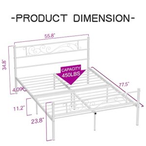 Weehom Full Size Bed Frame with Headboard Under Storage Metal Platform Bed Steel Slat Support, White