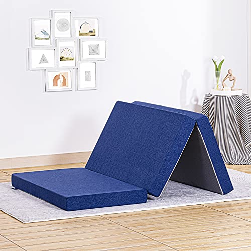 JINGWEI Folding Mattress, Tri-fold Memory Foam Mattress with Washable Cover, 3-Inch, Small Twin Size, Play Mat, Foldable Bed, Guest beds, Camp Portable Bed, Blue, 25"*75*'3"