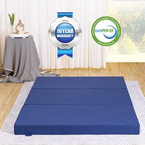 JINGWEI Folding Mattress, Tri-fold Memory Foam Mattress with Washable Cover, 3-Inch, Small Twin Size, Play Mat, Foldable Bed, Guest beds, Camp Portable Bed, Blue, 25"*75*'3"