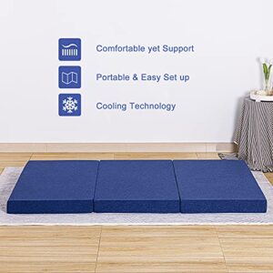 JINGWEI Folding Mattress, Tri-fold Memory Foam Mattress with Washable Cover, 3-Inch, Small Twin Size, Play Mat, Foldable Bed, Guest beds, Camp Portable Bed, Blue, 25"*75*'3"