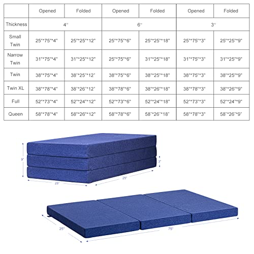 JINGWEI Folding Mattress, Tri-fold Memory Foam Mattress with Washable Cover, 3-Inch, Small Twin Size, Play Mat, Foldable Bed, Guest beds, Camp Portable Bed, Blue, 25"*75*'3"