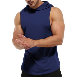 men's workout bodybuilding hoodies tshirt athletic training tank tops cotton gym hooded top cut off sleeveless muscle t-shirt navy blue l