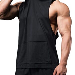 Men's Hooded Tank Tops Gym Workout Training Hoodies Sleeveless Bodybuildng Muscle Cut Off T-Shirt with Pocket Black L