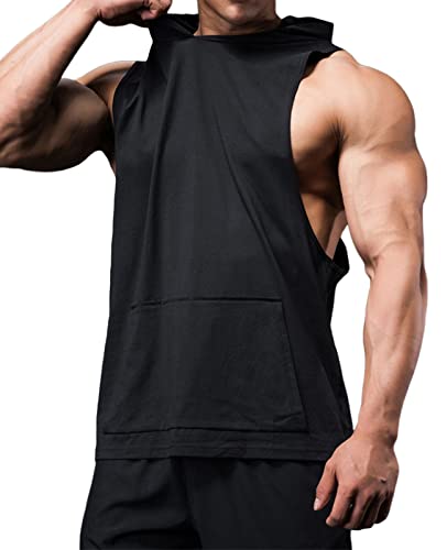 Men's Hooded Tank Tops Gym Workout Training Hoodies Sleeveless Bodybuildng Muscle Cut Off T-Shirt with Pocket Black L