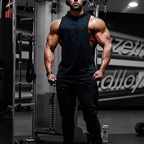 Men's Hooded Tank Tops Gym Workout Training Hoodies Sleeveless Bodybuildng Muscle Cut Off T-Shirt with Pocket Black L