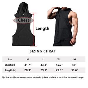 Men's Hooded Tank Tops Gym Workout Training Hoodies Sleeveless Bodybuildng Muscle Cut Off T-Shirt with Pocket Black L