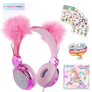 svyhuok pompoms pink unicorn wired headphones,cute cat ear kids game headset for girls teens tablet laptop pc,over ear children headset withmic,for school birthday xmas gifts