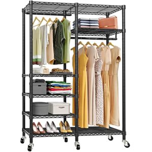 vipek r4 rolling garment rack 6 tiers adjustable heavy duty wire shelving clothes rack with double rods and lockable wheels, freestanding wardrobe closet storage rack metal clothing rack, black