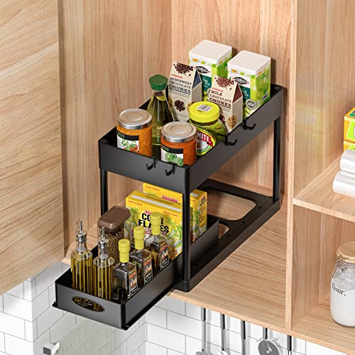 PUILUO 2 Set Under Sink Cabinet Organizer, 2 Tier Storage Under Cabinet Bathroom Under Sink Organizers and Storage Black Under Sink Storage for Bathroom Kitchen