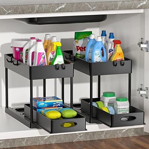 PUILUO 2 Set Under Sink Cabinet Organizer, 2 Tier Storage Under Cabinet Bathroom Under Sink Organizers and Storage Black Under Sink Storage for Bathroom Kitchen