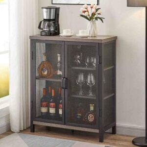 bon augure industrial coffee bar cabinet with storage, farmhouse wood metal accent cabinet with shelves, rustic small sideboard buffet for kitchen and dining room (dark grey oak)