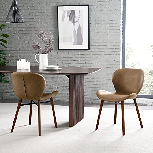 KithKasa Mid Century Modern Dining Chair Set of 2 Faux Leather Side Chair with Walnut Color Wood Legs for Kitchen Dining Room, Brown