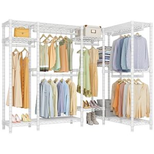 vipek l22s heavy duty clothes rack l shaped garment rack metal clothing rack freestanding wardrobe closet rack with 8 shelves & 6 hanging rods, 76" l x 45" w x 76.4" h, max load 1050lbs, white
