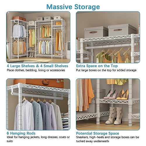 VIPEK L22S Heavy Duty Clothes Rack L Shaped Garment Rack Metal Clothing Rack Freestanding Wardrobe Closet Rack with 8 Shelves & 6 Hanging Rods, 76" L x 45" W x 76.4" H, Max Load 1050LBS, White