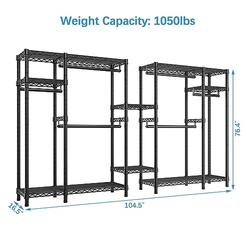 VIPEK V22S Garment Rack Heavy Duty Clothes Rack Large Portable Wardrobe Clothes Storage Organizer Closet with 6 Hang Rods & 8 Shelves - Extra Wide - 104.5" Lx16.5 Wx76.4 H, Max Load 1000lbs, Black