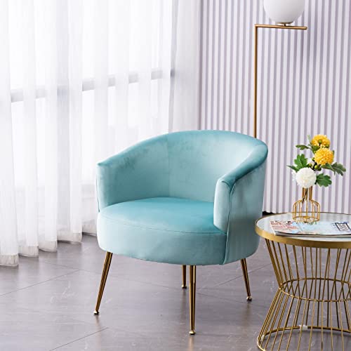 SSLine Velvet Accent Barrel Chair,Modern Upholstered Leisure Arm Chair with Adjustable Gold Metal Legs,Thickly Padded,Guest Chair Vanity Chair Club Chairs for Living Room Bedroom Office (Cyan Blue)