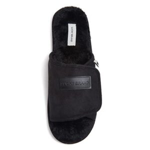 lucky brand mens microsuede memory foam open toe slippers, cool adjustable strap indoor outdoor house sliders for men, black, xlarge