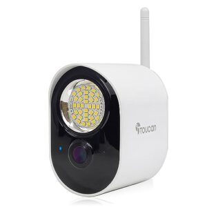 toucan outdoor floodlight security camera, plug-in power, bright led light, night vision, radar motion detection, 2-way audio, works with alexa & google home, 1080p hd video, no subscription required