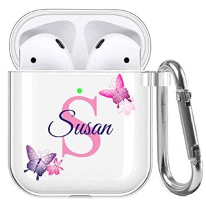 custom name & initial crystal clear airpods case for apple airpod 1 and 2nd generation，thin shockproof protective customized transparent case（purple butterfly）