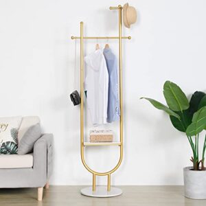 rzgy garment rack heavy duty clothes rack, golden satin steel finish stable marble base, metal coat rack with storage shelf and hooks for bedroom office hallway entryway