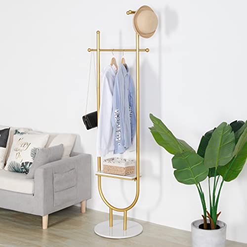 RZGY Garment Rack Heavy Duty Clothes Rack, Golden Satin Steel Finish Stable Marble Base, Metal Coat Rack with Storage Shelf and Hooks for Bedroom Office Hallway Entryway