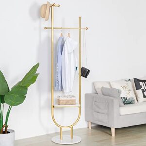 RZGY Garment Rack Heavy Duty Clothes Rack, Golden Satin Steel Finish Stable Marble Base, Metal Coat Rack with Storage Shelf and Hooks for Bedroom Office Hallway Entryway