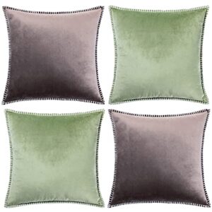 gawamay solid soft velvet farmhouse spring pillow covers 18x18 set of 2,decorative green throw pillows with chenille edge,square boho couch pillows for living room sofa couch beding(45x45cm) green